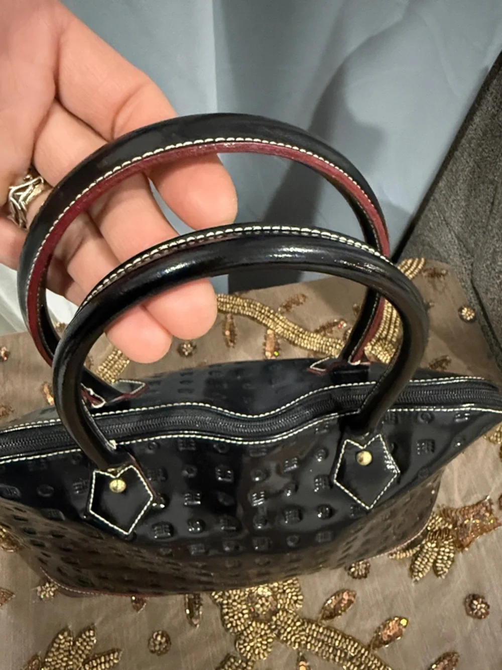 Arcadia Black Patent Leather Tote with Subtle Red Trim